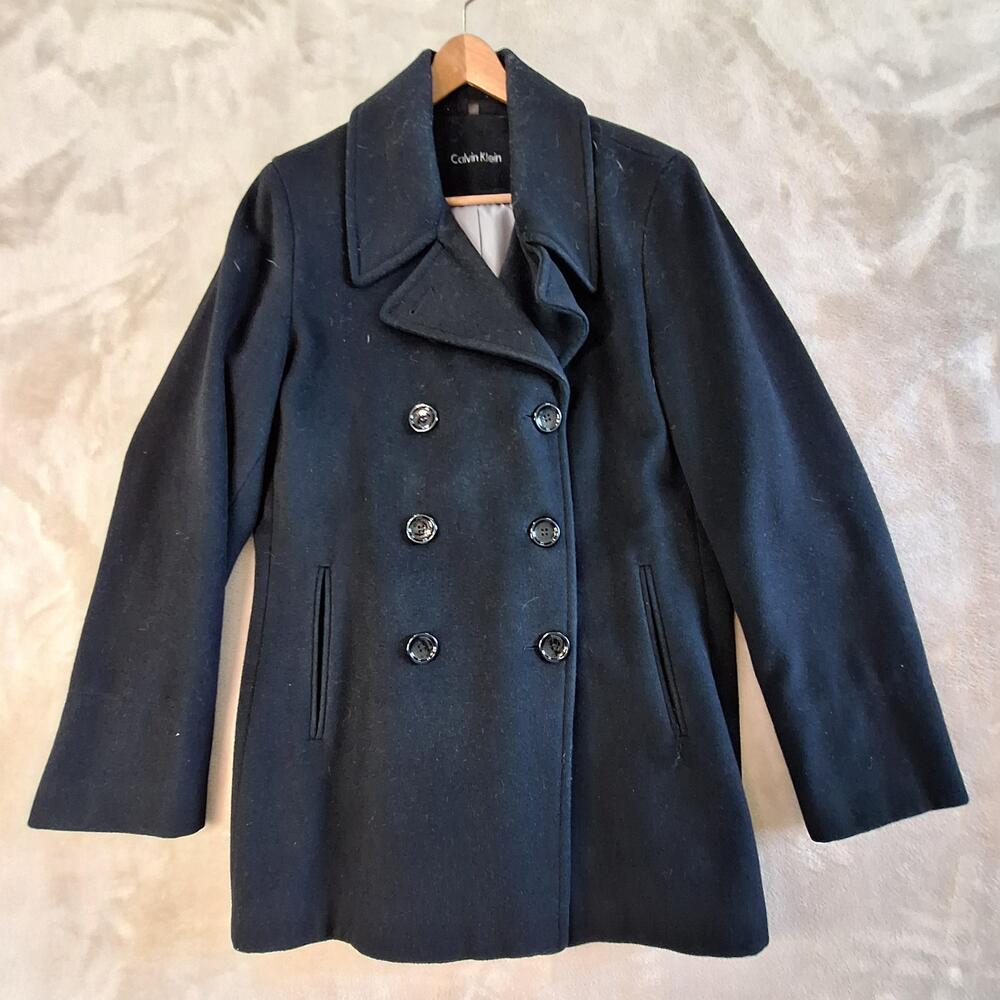 Calvin Klein Coat Womens 12 Black Wool Pea Coat Double Breasted Lined Mid Length